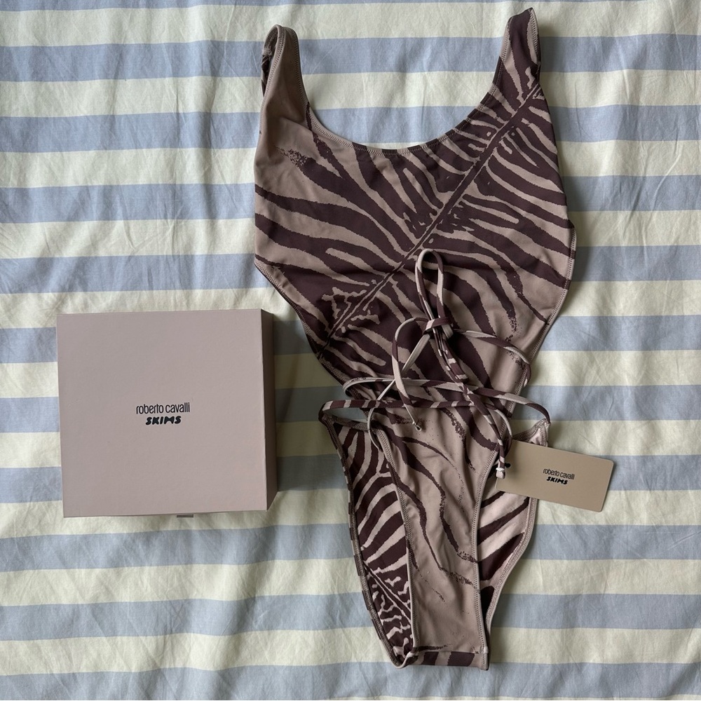NWT Roberto Cavalli x SKIMS Zebra Print Tie Waist One Piece Swimsuit